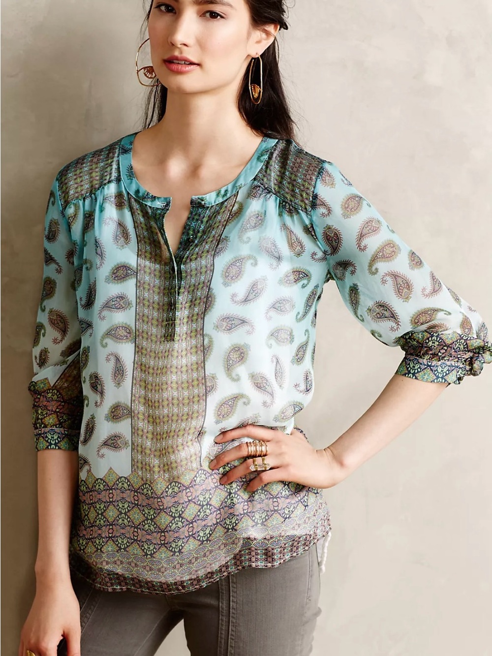Anthropologie Gypsy 05 Seafoam Paisley Print Sheer Blouse 100% Silk